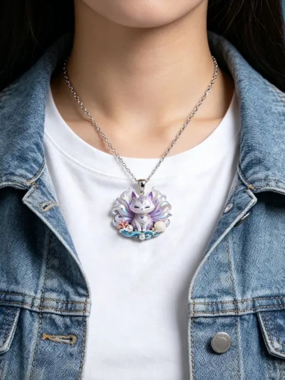 Silver-Tone Purple Fox Pendant Necklace - Women Jewelry